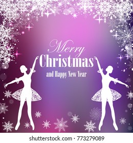 Christmas and New Year greeting card with tender ballerinas and snowflakes.