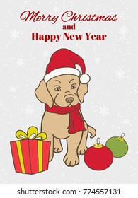 Christmas, New Year greeting card or vertical banner. Cute puppy in Santa hat and scarf. A gift and balls in front of him. Hand drawing style. Vector illustration.