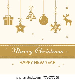 Christmas and New Year greeting card. Golden Christmas toys hanging. Vector illustration