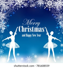 Christmas and New Year greeting card with tender ballerinas and snowflakes.