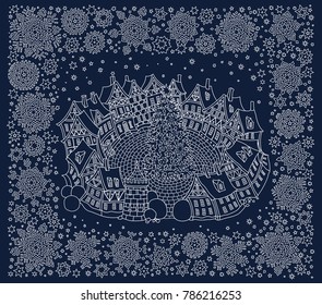 Christmas and New Year greeting card. Fantasy small city landscape in snowflake frame. Fairy tale medieval houses, round old street with fir tree. T-shirt monochrome white print. Coloring book page