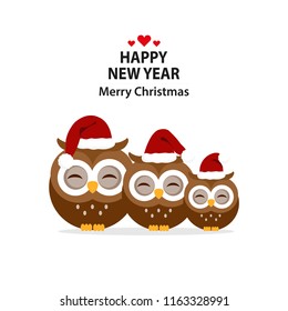 Christmas and New Year greeting card.Cute owl family in the hat of Santa Claus.Vector illustration.