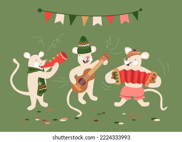 Christmas and New Year greeting card.Cute cartoon Christmas and New Year illustration .Funny little mice with musical instruments. Vector design for postcard cover invitation card and banner