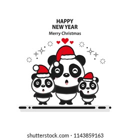 Christmas and New Year greeting card.Funny pandas in the hat of Santa Claus.Vector illustration.