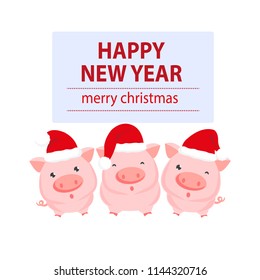 Christmas and New Year greeting card.Funny baby pig in the hat of Santa Claus.Vector illustration.
