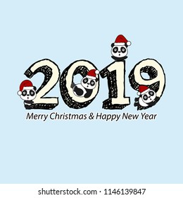 Christmas and New Year greeting card.Funny pandas in the hat of Santa Claus.Vector illustration.