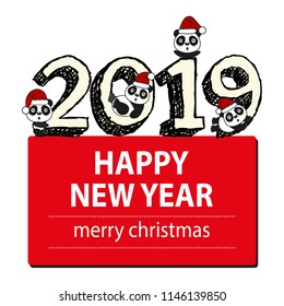 Christmas and New Year greeting card.Funny pandas in the hat of Santa Claus.Vector illustration.