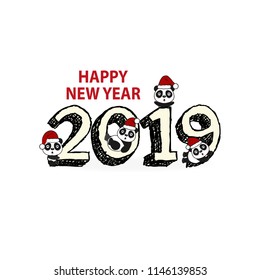 Christmas and New Year greeting card.Funny pandas in the hat of Santa Claus.Vector illustration.