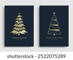 Christmas and New Year greeting cards with gold Christmas tree designs on dark background