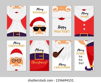 Christmas and New Year greeting cards. Set of cards with Santa Claus wishing a happy New Year and Merry Christmas. 