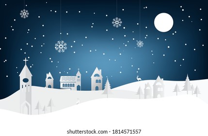 Christmas and New Year Greeting Cards Design with black and blue background paper Snow decoration pine deer and house.