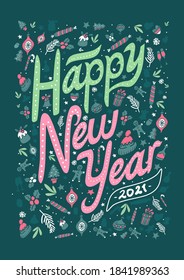 Christmas and new year greeting cards. The inscription of the Happy New Year and painted elements in the background. Vector illustration. 