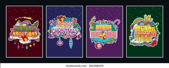 Christmas and New Year Greeting Cards, Psychedelic Art Style, Christmas Tree, Decoration, Snowman, Present Boxes, Snowflakes