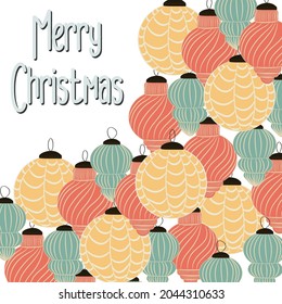 Christmas and New Year greeting cards. Illustration with Christmas tree toys pattern backgroud.