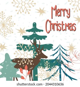 Christmas and New Year greeting cards. Illustration with deer, Christmas tree and herbs greeting card.