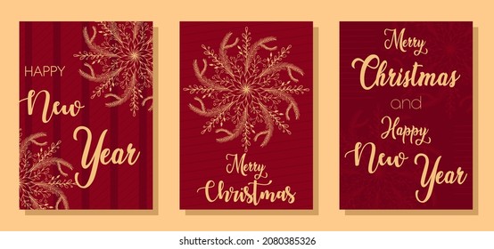 Christmas, New Year greeting cards in red, classic, burgundy, gold, Christmas night, snowflakes, letter, happy holidays, winter celebrations
