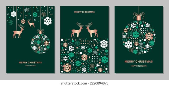 Christmas and New Year greeting cards on a dark emerald background. Set of templates with snowflakes, Christmas balls, reindeer and copy space with golden elements. Vector.