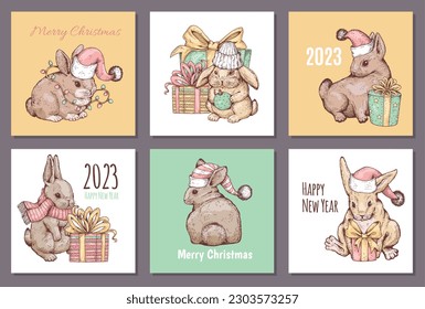 Christmas and New Year greeting cards set with cute rabbit drawing, sketch vector illustration. Hand drawn bunny wearing Santa Claus hat and holding gift boxes or presents.