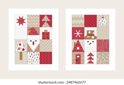 Navidades y tarjetas de felicitación de Nuevo año. Pósters de Invierno en Patchwork Folk Style. Patrón de tejido. Ilustración vectorial.