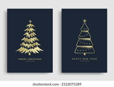 Navidades y tarjetas de felicitación del año Nuevo con diseños del árbol de navidad del oro en fondo oscuro