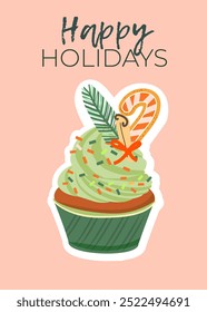  Christmas New Year greeting cards with sweet cupcakes. Winter holiday design for greeting card, invitation, cover, calendar, social media posts, menu.	