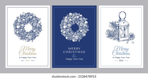 Christmas and New Year greeting cards hand drawn