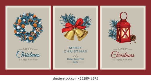 Christmas and New Year greeting cards hand drawn