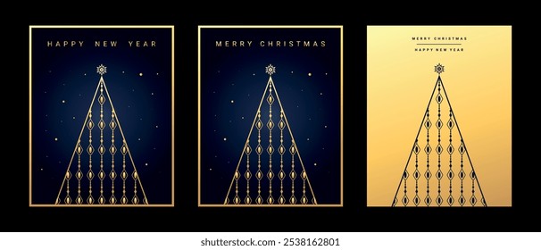 Christmas and New Year greeting cards with geometric shaped Christmas tree. Dark blue and gold gradient colors. Vector illustration