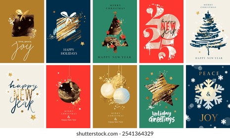 Christmas and New Year greeting cards design. Holiday background, greeting card, party invitation, website banner, social media post. Shiny chic, festive  golden textures. 