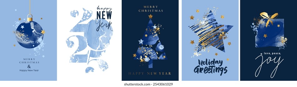 Christmas and New Year greeting cards design. Holiday background, greeting card, party invitation, website banner, social media post. Shiny chic, festive  golden textures. 