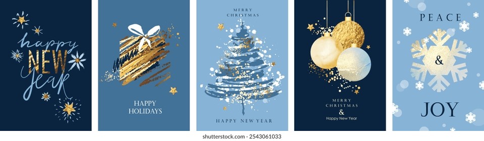 Christmas and New Year greeting cards design. Holiday background, greeting card, party invitation, website banner, social media post. Shiny chic, festive  golden textures. 