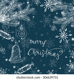 Christmas And New Year  Greeting Cards with Christmas trees,  Christmas decorations, snowflakes. Template Vector