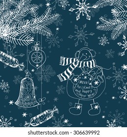 Christmas And New Year  Greeting Cards with Christmas trees, snowman, Christmas decorations, snowflakes. Template Vector