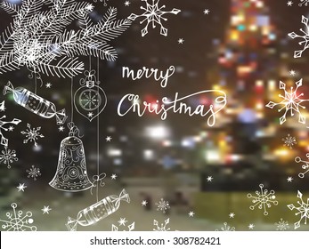 Christmas And New Year  Greeting Cards with Christmas trees,  Christmas decorations, snowflakes. Template Vector