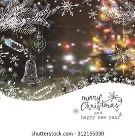 Christmas And New Year  Greeting Cards on blurred background  with Christmas trees,  Christmas decorations, snowflakes. Template Vector