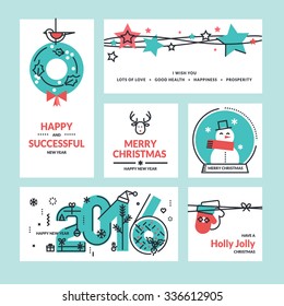Christmas and New Year greeting cards and banners. Set of flat line design vector illustrations.
