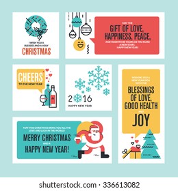 Christmas and New Year greeting cards and banners. Set of flat line design vector illustrations.