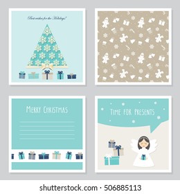 Christmas and New year greeting cards templates set. Seamless pattern with gingerbread man added in swatches.
