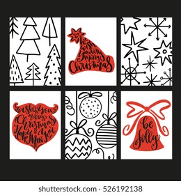 Christmas and New year greeting cards template. Design with creative hand drawn textures, elements and calligraphic lettering quotes and wishes - for holiday invitations, banners, poster. 