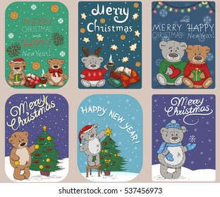 Christmas and New Year greeting cards with toy bears / 6 greeting cards Happy New Year and Merry Christmas