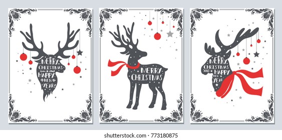 Christmas and new year greeting cards collection. Holidays winter set with decoration elements, typographic design, deer with christmas balls and text