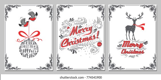 Christmas and new year greeting cards collection. Holidays winter set with decoration elements, typographic design, christmas ball, bullfinch, deer