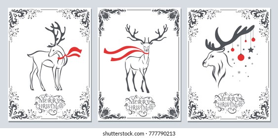 Christmas and new year greeting cards collection. Holidays winter set with decoration elements, typographic design, deer and text