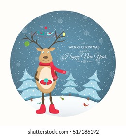 Christmas New Year greeting cart template. Funny reindeer cartoon character with decorated antlers surrounded by birds. Winter snow evening landscape. Round shape cutout. Vector design illustration.