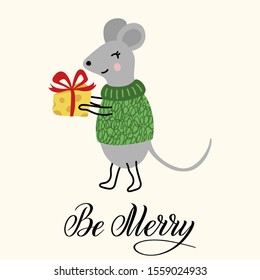 Christmas and New Year greeting clipart with happy mouse, piece of cheese and Be Merry calligraphy lettering. Holiday cartoon vector illustration. Colorful funny hand drawn template.