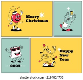 Christmas and New year greeting comic cards with retro style cartoon characters svg