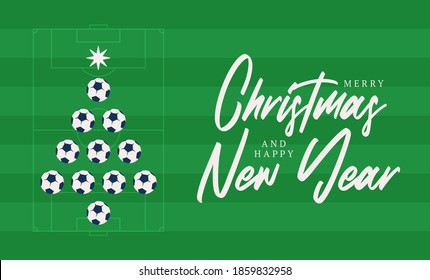 Christmas and new year greeting flat cartoon card. Creative Xmas tree made by football soccer ball on football field background for Christmas and New Year celebration. Sport greeting card
