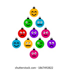 Christmas and new year greeting flat cartoon card. Creative Xmas tree made face emoji bauble balls on white background for Christmas and New Year celebration