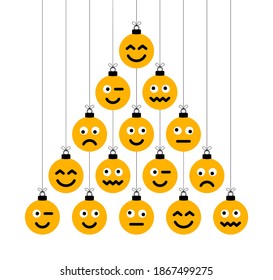 Christmas and new year greeting flat cartoon card. Creative Xmas tree made face emoji bauble balls on white background for Christmas and New Year celebration