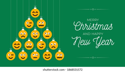 Christmas and new year greeting flat cartoon card. Creative Xmas tree made face emoji bauble balls on green background for Christmas and New Year celebration